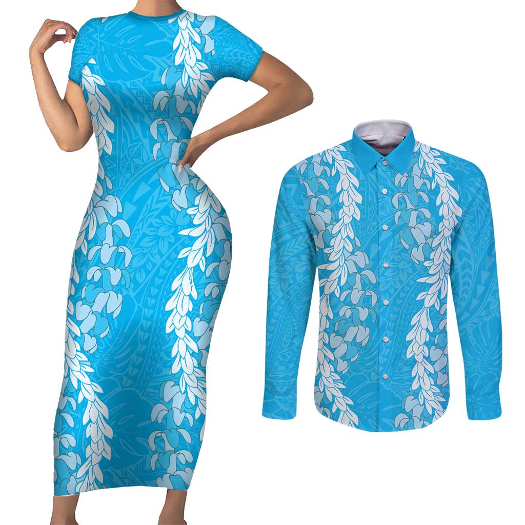Puakenikeni and Maile Lei Couples Matching Short Sleeve Bodycon Dress and Long Sleeve Button Shirt Blue Double Strand Lei LT9 Blue - Polynesian Pride
