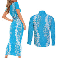 Puakenikeni and Maile Lei Couples Matching Short Sleeve Bodycon Dress and Long Sleeve Button Shirt Blue Double Strand Lei LT9 - Polynesian Pride