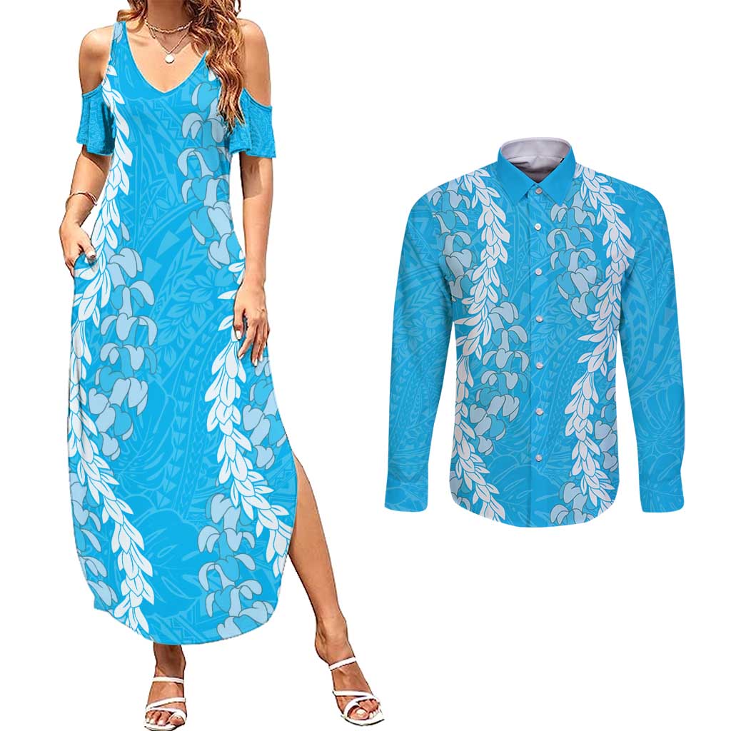 Puakenikeni and Maile Lei Couples Matching Summer Maxi Dress and Long Sleeve Button Shirt Blue Double Strand Lei