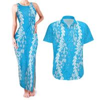 Puakenikeni and Maile Lei Couples Matching Tank Maxi Dress and Hawaiian Shirt Blue Double Strand Lei