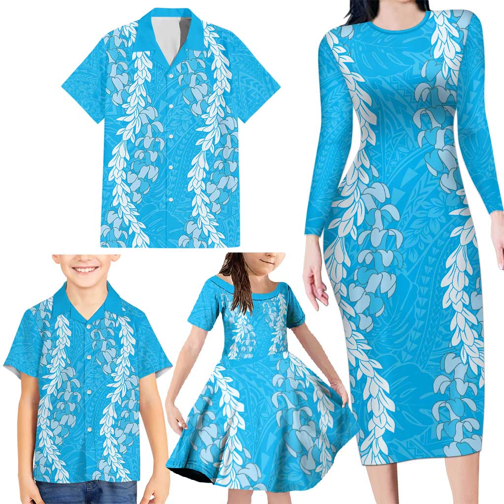 Puakenikeni and Maile Lei Family Matching Long Sleeve Bodycon Dress and Hawaiian Shirt Blue Double Strand Lei