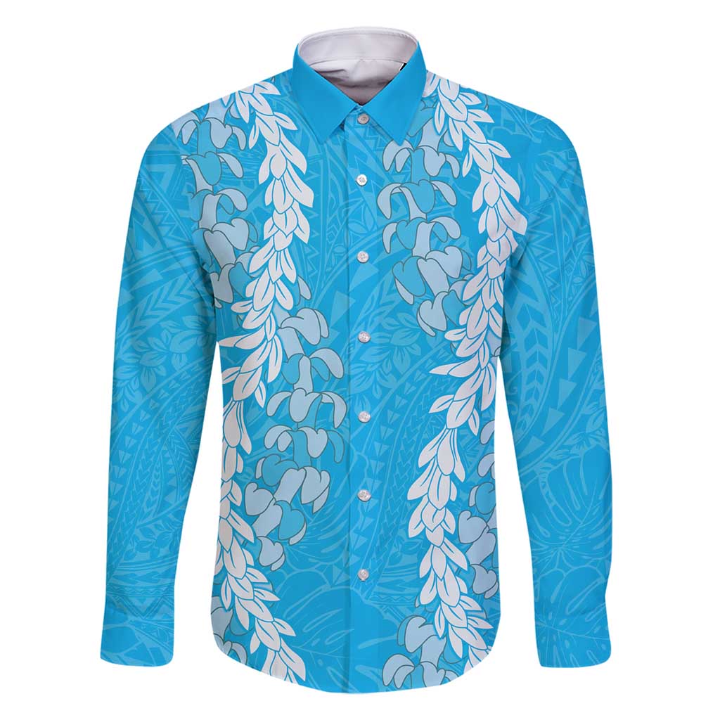 Puakenikeni and Maile Lei Family Matching Long Sleeve Bodycon Dress and Hawaiian Shirt Blue Double Strand Lei