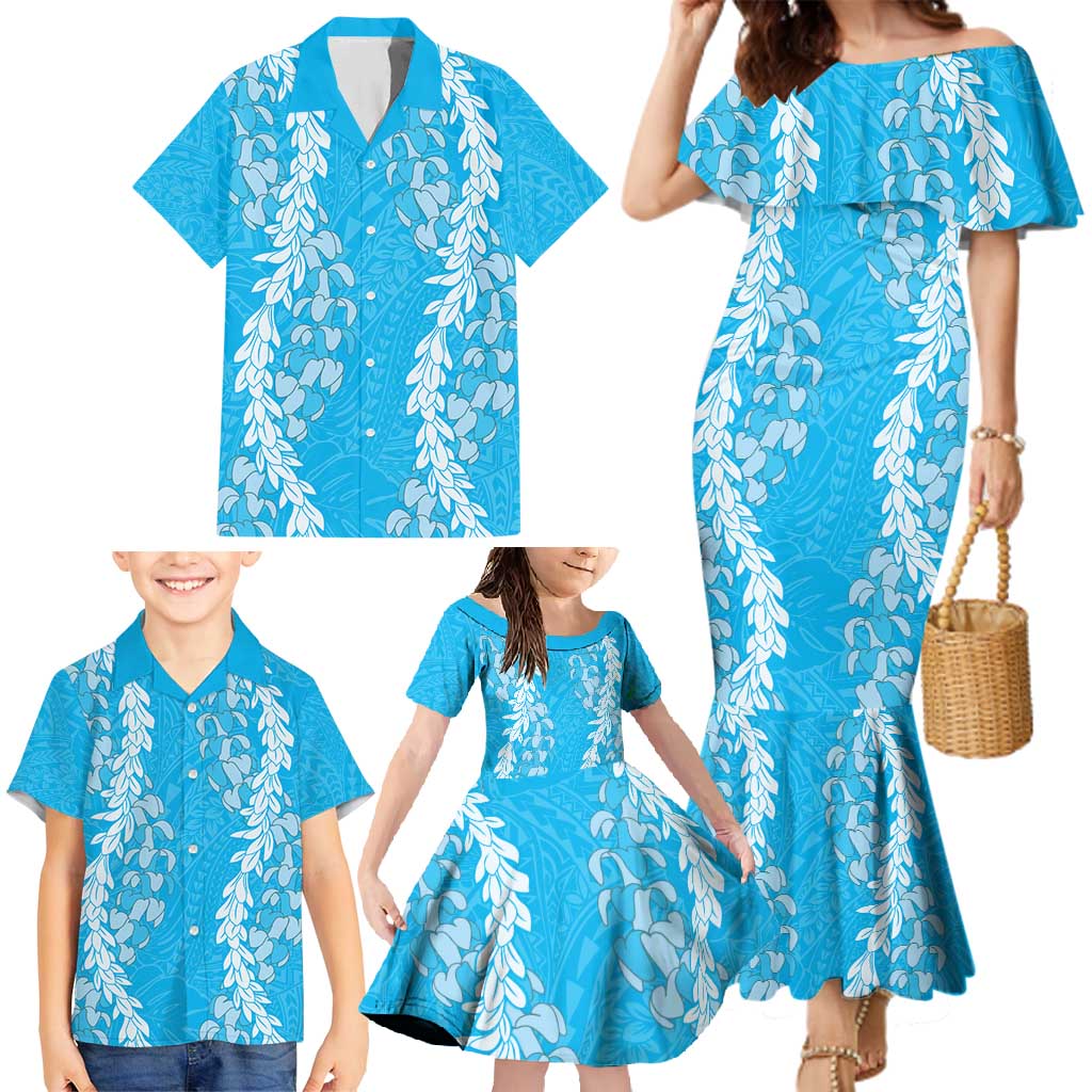 Puakenikeni and Maile Lei Family Matching Mermaid Dress and Hawaiian Shirt Blue Double Strand Lei