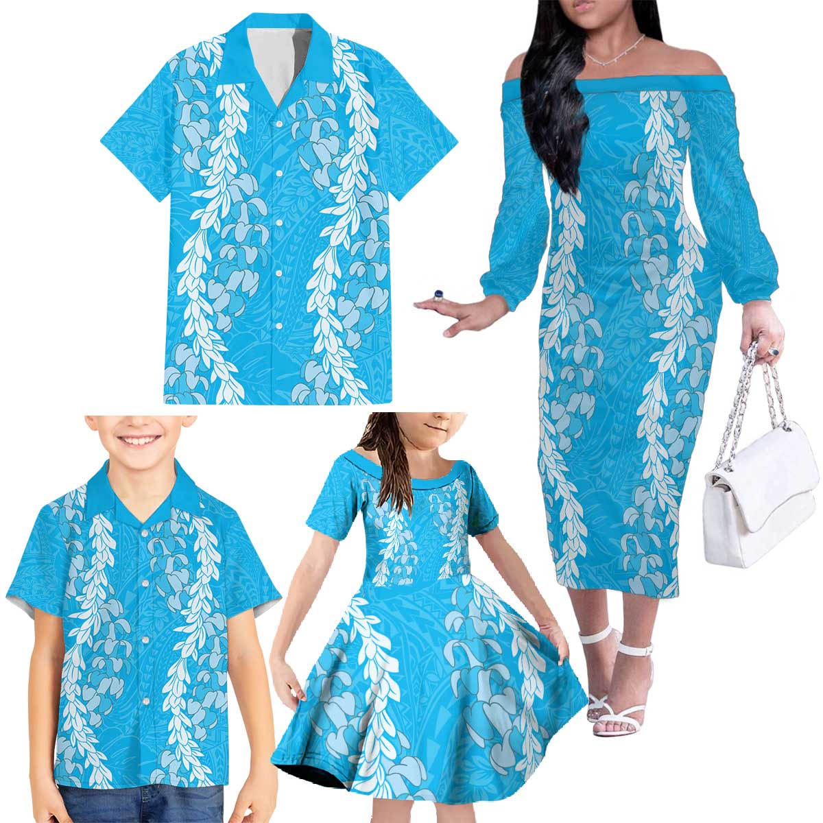 Puakenikeni and Maile Lei Family Matching Off The Shoulder Long Sleeve Dress and Hawaiian Shirt Blue Double Strand Lei