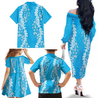 Puakenikeni and Maile Lei Family Matching Off The Shoulder Long Sleeve Dress and Hawaiian Shirt Blue Double Strand Lei