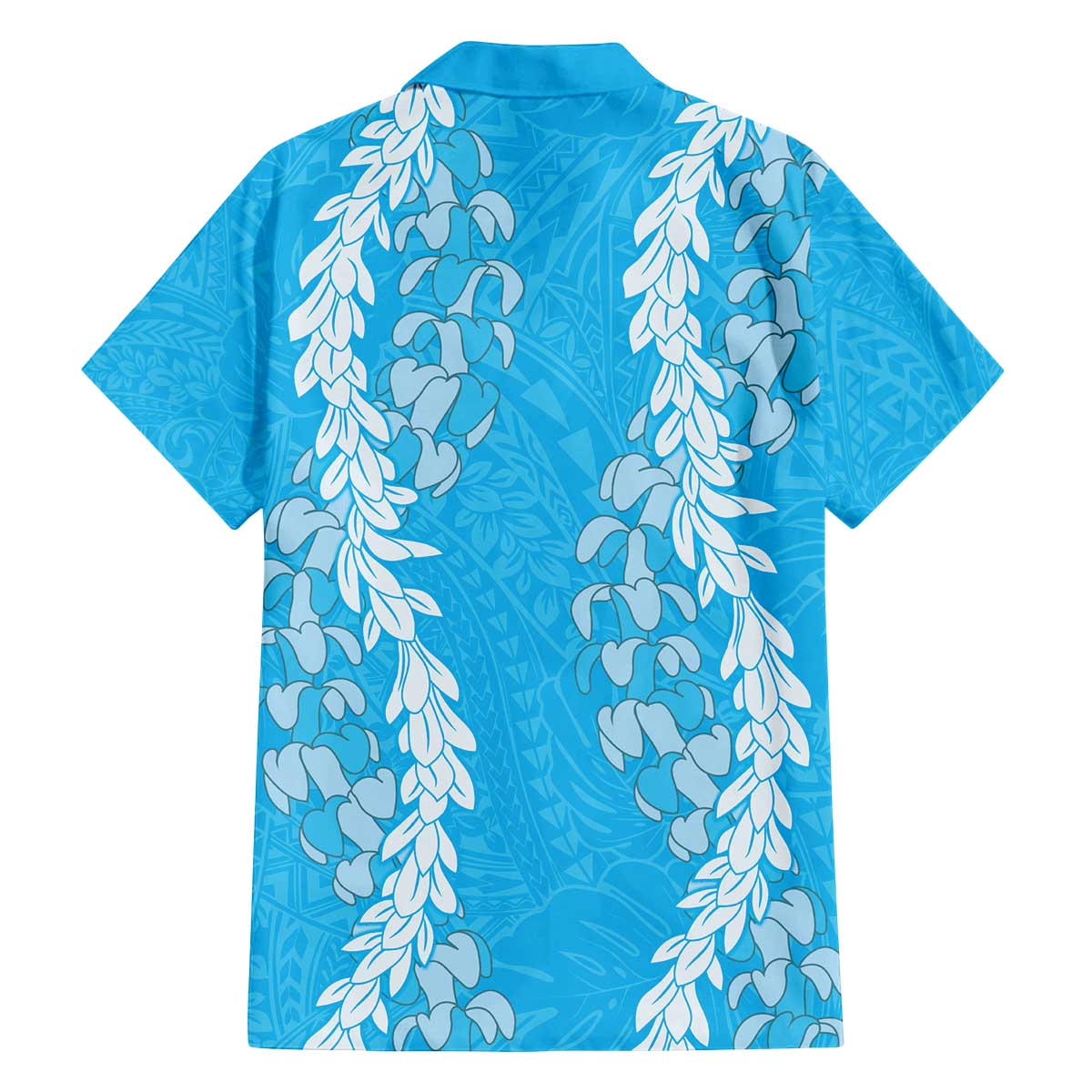Puakenikeni and Maile Lei Family Matching Off The Shoulder Long Sleeve Dress and Hawaiian Shirt Blue Double Strand Lei