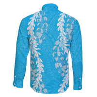 Puakenikeni and Maile Lei Family Matching Off The Shoulder Long Sleeve Dress and Hawaiian Shirt Blue Double Strand Lei