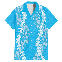 Puakenikeni and Maile Lei Family Matching Off Shoulder Maxi Dress and Hawaiian Shirt Blue Double Strand Lei