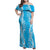 Puakenikeni and Maile Lei Family Matching Off Shoulder Maxi Dress and Hawaiian Shirt Blue Double Strand Lei