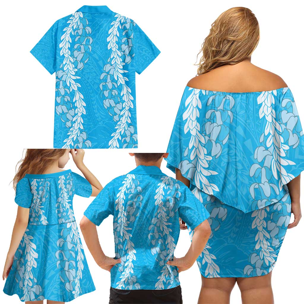 Puakenikeni and Maile Lei Family Matching Off Shoulder Short Dress and Hawaiian Shirt Blue Double Strand Lei