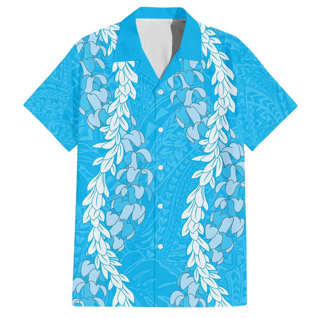 Puakenikeni and Maile Lei Family Matching Off Shoulder Short Dress and Hawaiian Shirt Blue Double Strand Lei