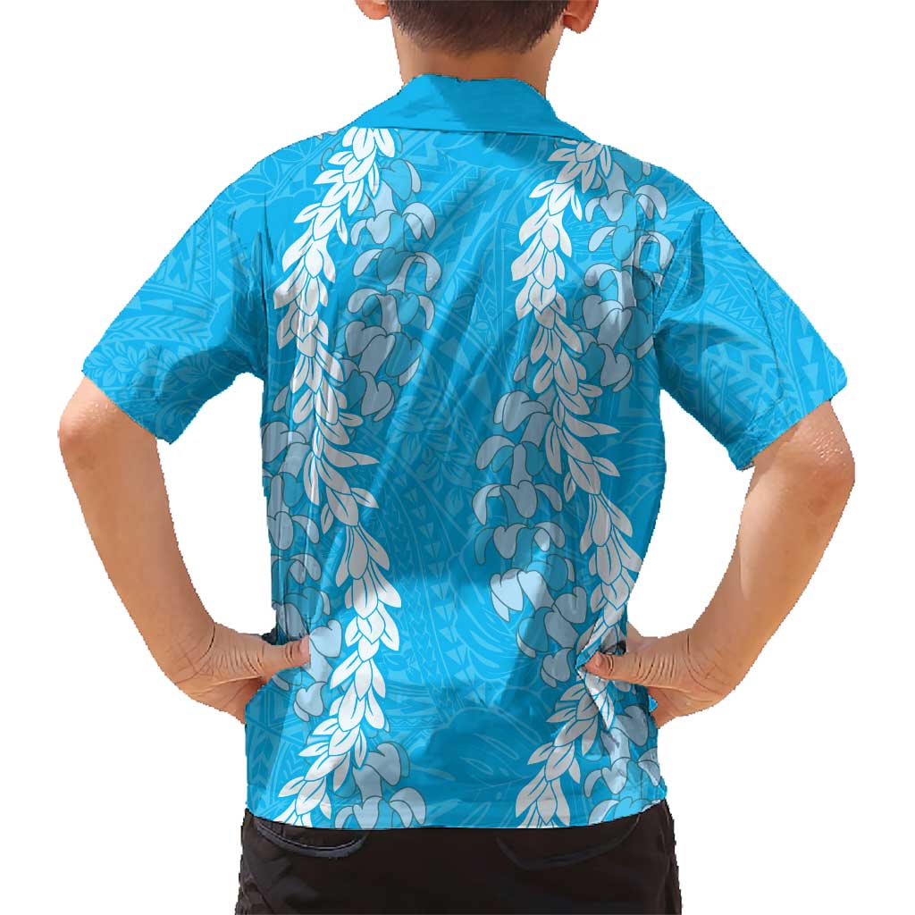 Puakenikeni and Maile Lei Family Matching Short Sleeve Bodycon Dress and Hawaiian Shirt Blue Double Strand Lei