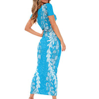 Puakenikeni and Maile Lei Family Matching Short Sleeve Bodycon Dress and Hawaiian Shirt Blue Double Strand Lei