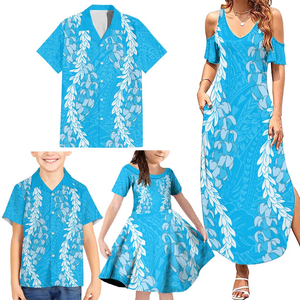 Puakenikeni and Maile Lei Family Matching Summer Maxi Dress and Hawaiian Shirt Blue Double Strand Lei