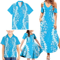 Puakenikeni and Maile Lei Family Matching Summer Maxi Dress and Hawaiian Shirt Blue Double Strand Lei