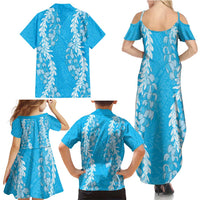 Puakenikeni and Maile Lei Family Matching Summer Maxi Dress and Hawaiian Shirt Blue Double Strand Lei