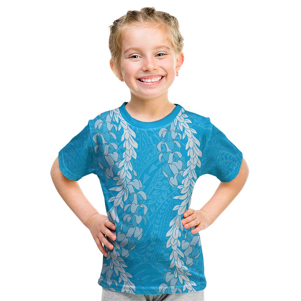 Puakenikeni and Maile Lei Kid T Shirt Blue Double Strand Lei LT9 Blue - Polynesian Pride