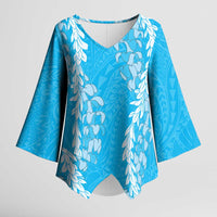 Puakenikeni and Maile Lei Kimono Sleeve Blouse Blue Double Strand Lei - Polynesian Pride
