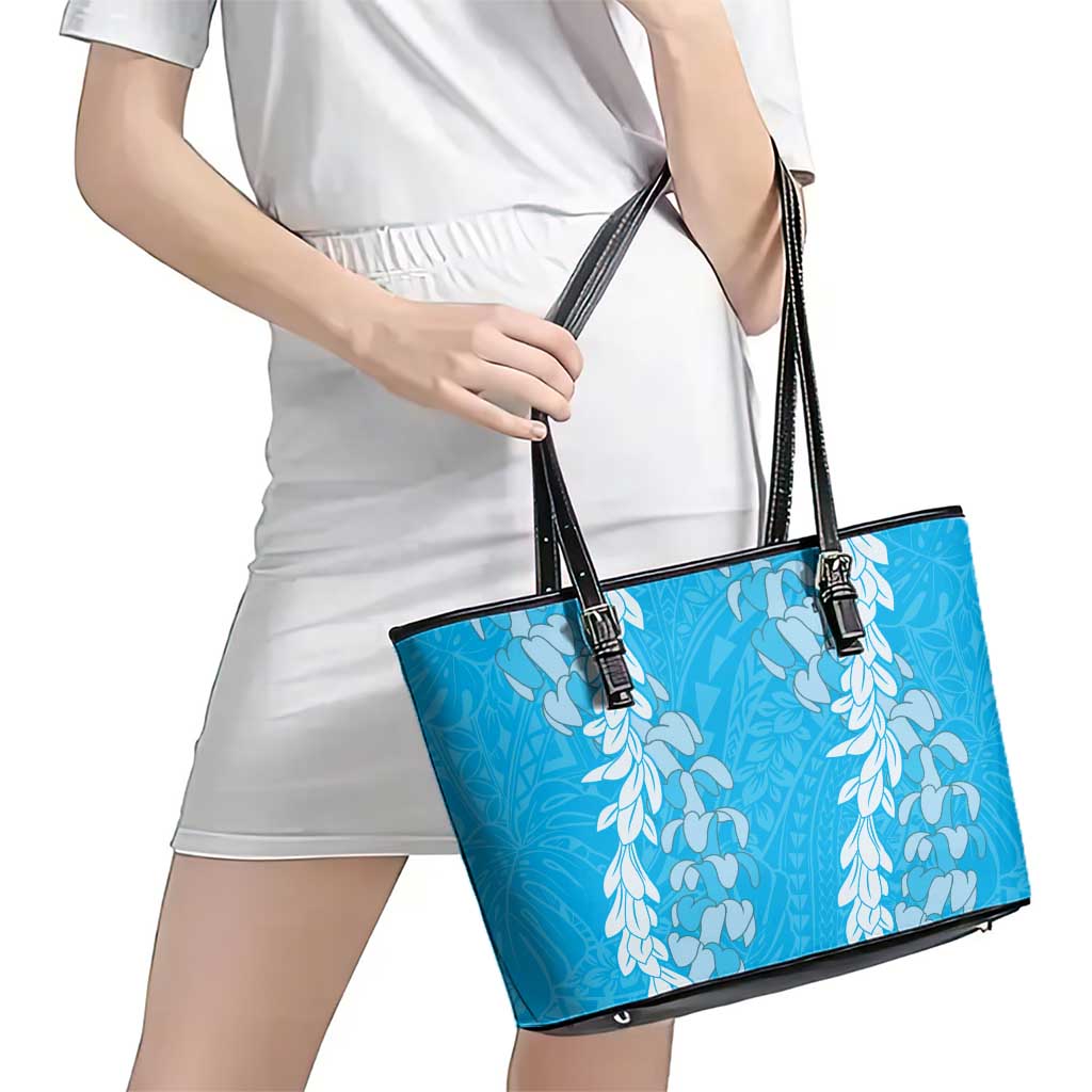 Puakenikeni and Maile Lei Leather Tote Bag Blue Double Strand Lei