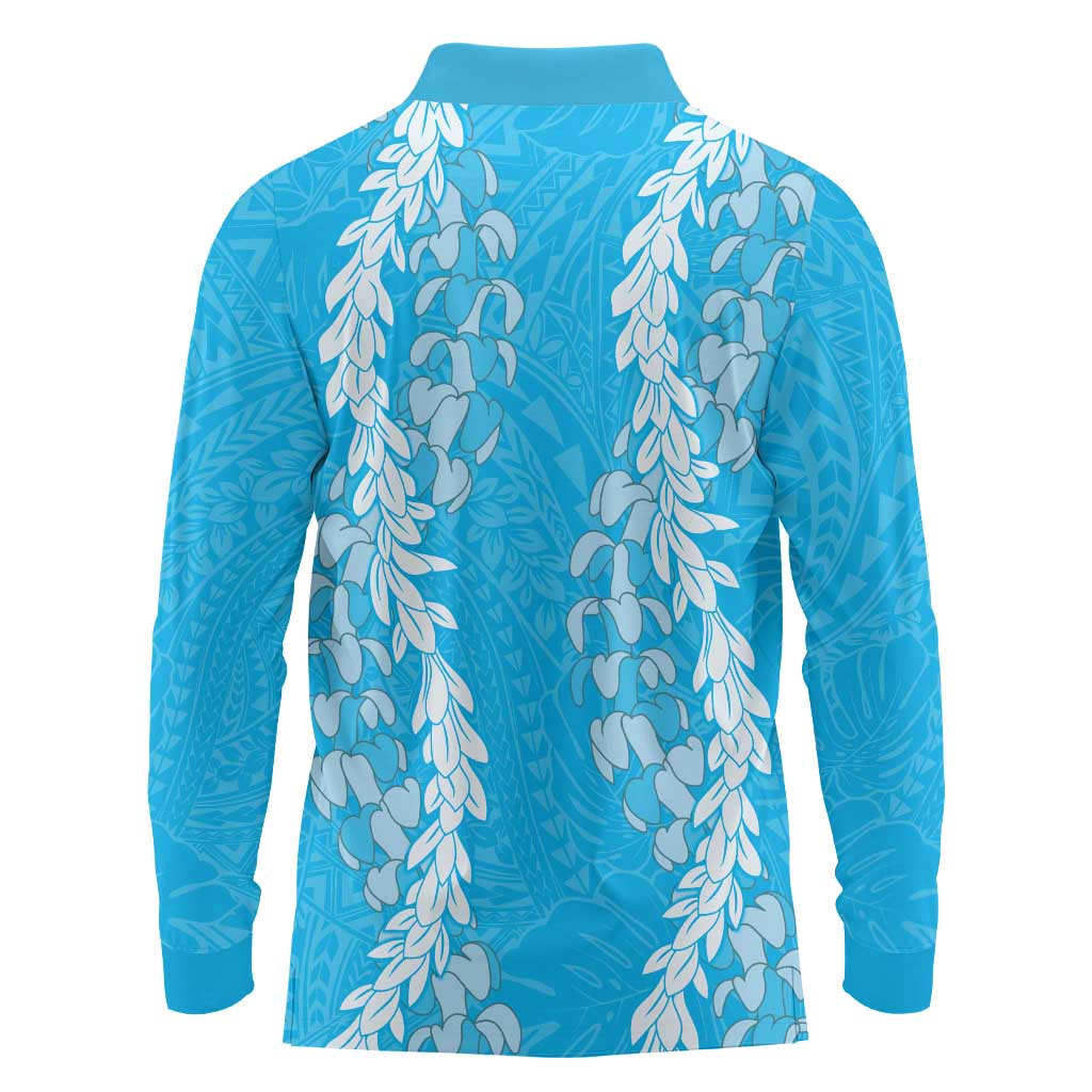 Puakenikeni and Maile Lei Long Sleeve Polo Shirt Blue Double Strand Lei LT9 - Polynesian Pride