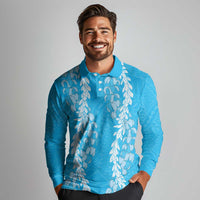 Puakenikeni and Maile Lei Long Sleeve Polo Shirt Blue Double Strand Lei LT9 - Polynesian Pride