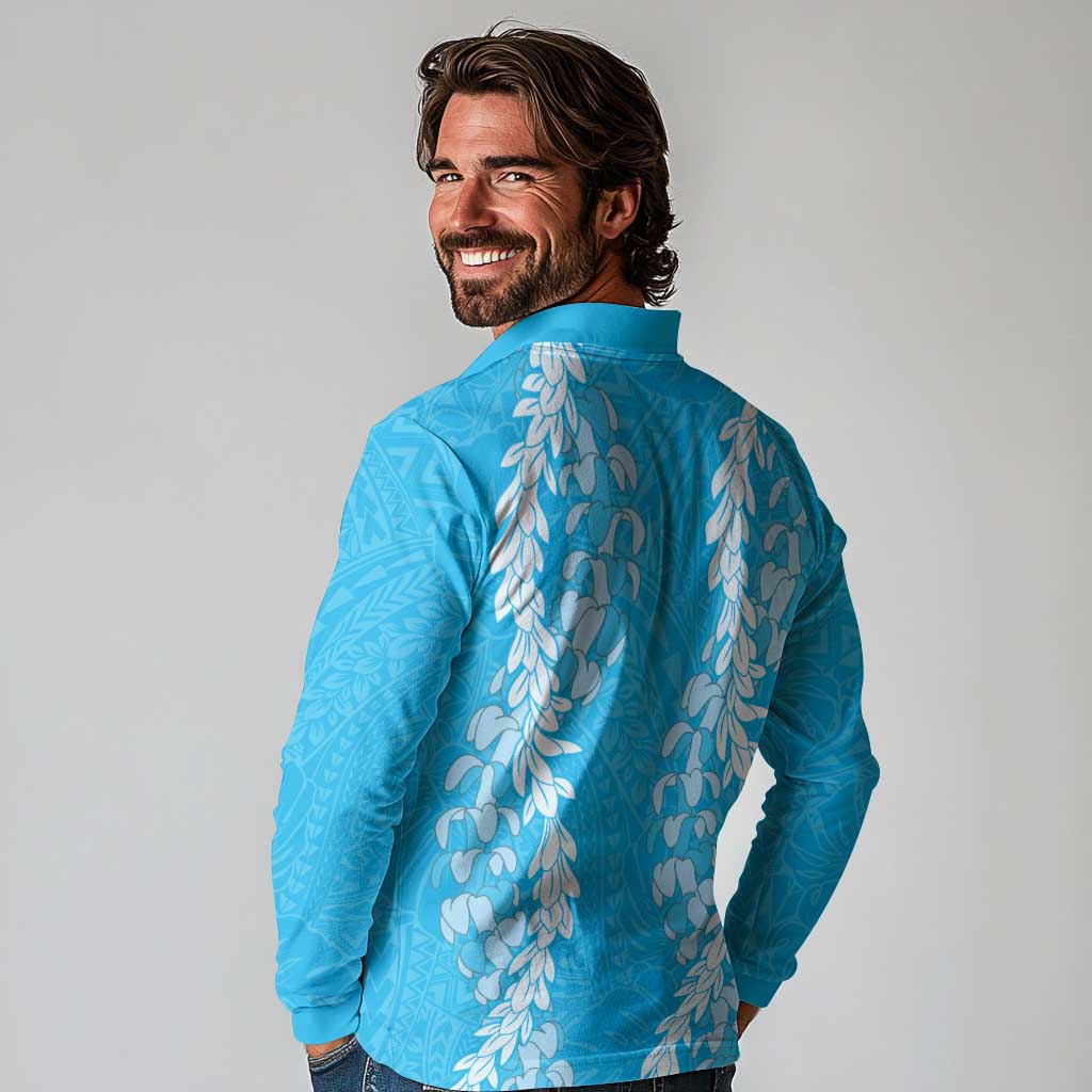 Puakenikeni and Maile Lei Long Sleeve Polo Shirt Blue Double Strand Lei LT9 - Polynesian Pride