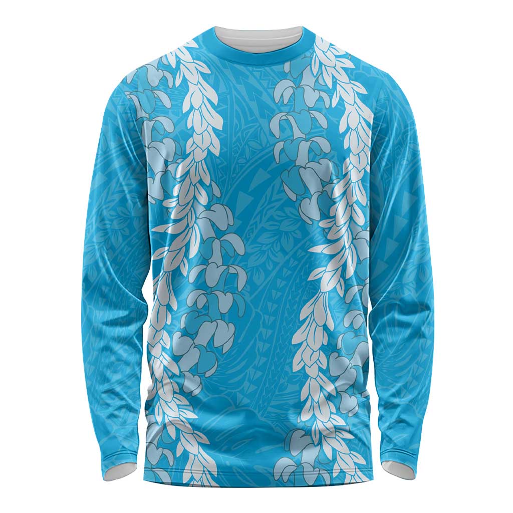 Puakenikeni and Maile Lei Long Sleeve Shirt Blue Double Strand Lei LT9 Unisex Blue - Polynesian Pride