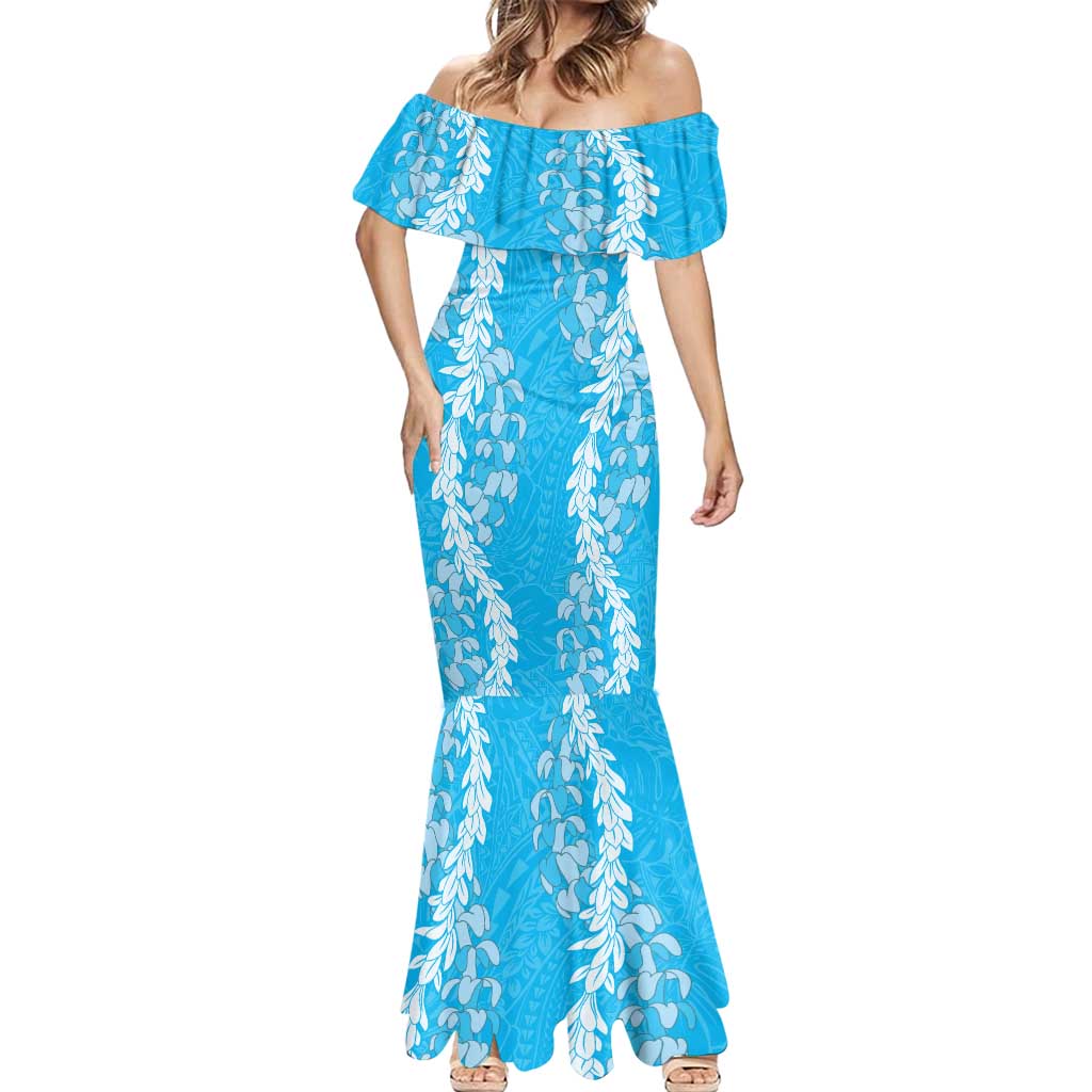 Puakenikeni and Maile Lei Mermaid Dress Blue Double Strand Lei