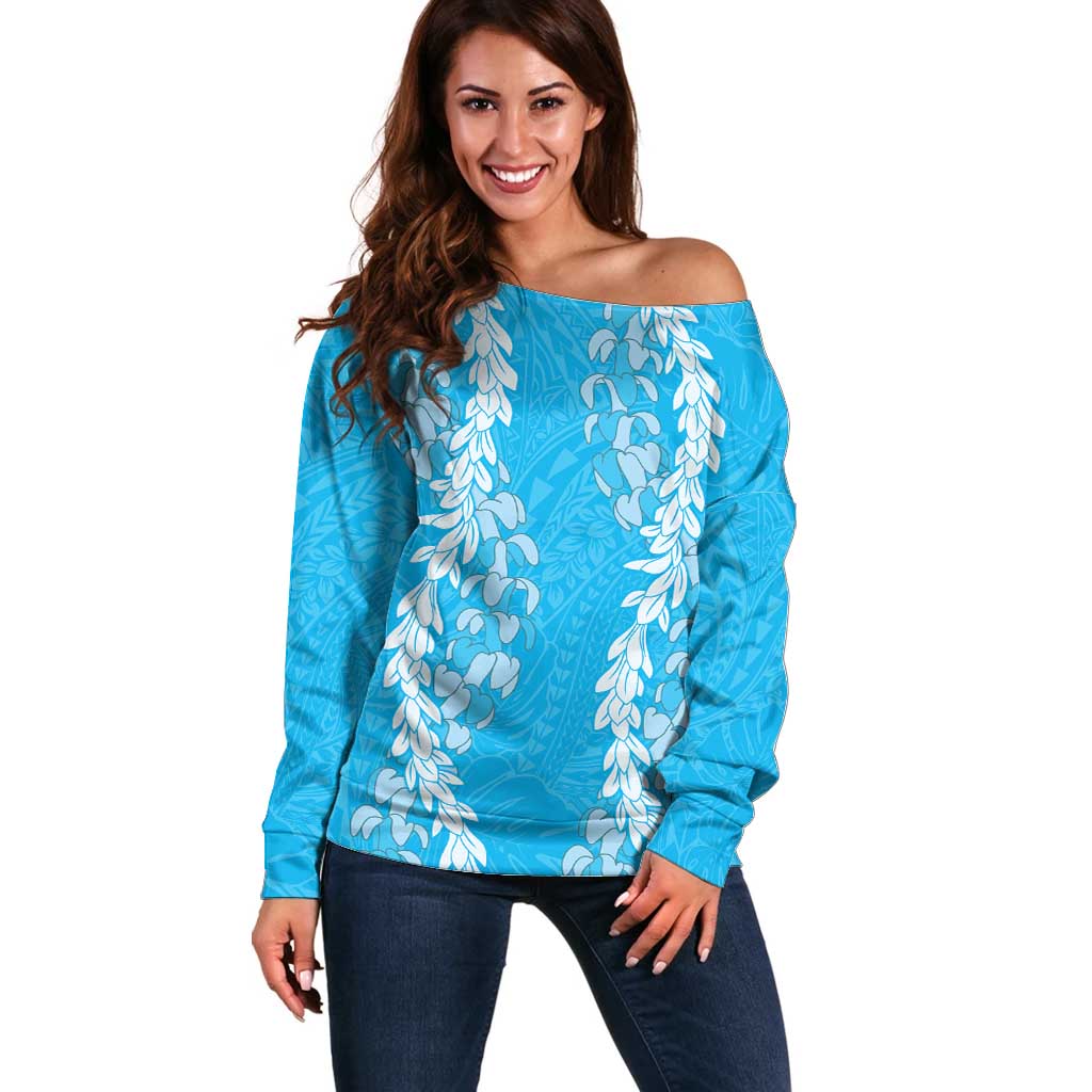 Puakenikeni and Maile Lei Off Shoulder Sweater Blue Double Strand Lei
