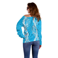Puakenikeni and Maile Lei Off Shoulder Sweater Blue Double Strand Lei