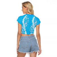 Puakenikeni and Maile Lei Raglan Cropped T Shirt Blue Double Strand Lei LT9 - Polynesian Pride