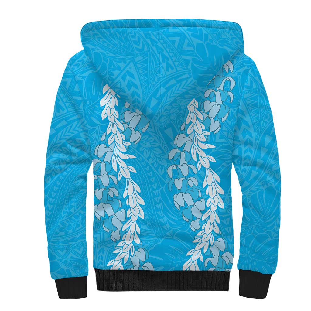 Puakenikeni and Maile Lei Sherpa Hoodie Blue Double Strand Lei