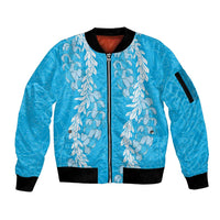 Puakenikeni and Maile Lei Sleeve Zip Bomber Jacket Blue Double Strand Lei