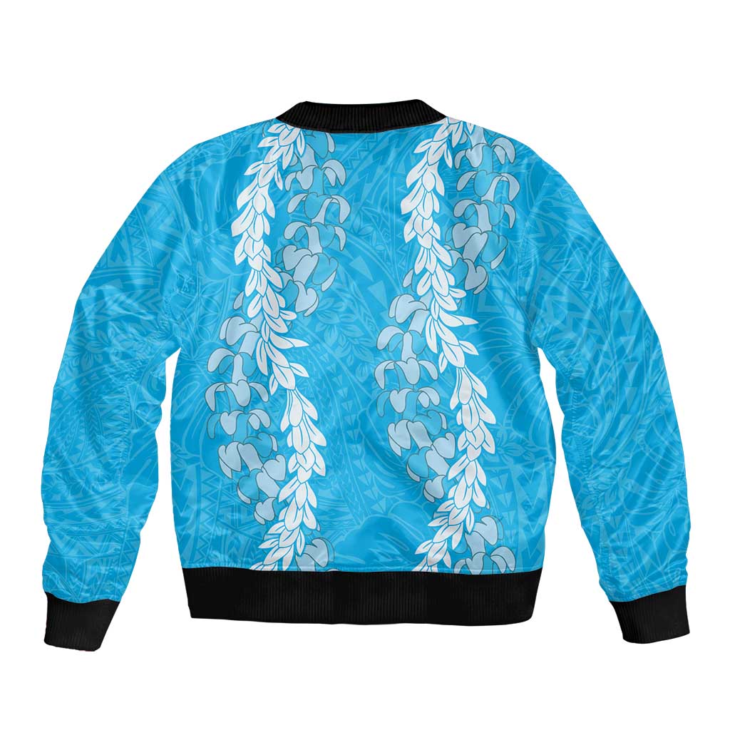 Puakenikeni and Maile Lei Sleeve Zip Bomber Jacket Blue Double Strand Lei