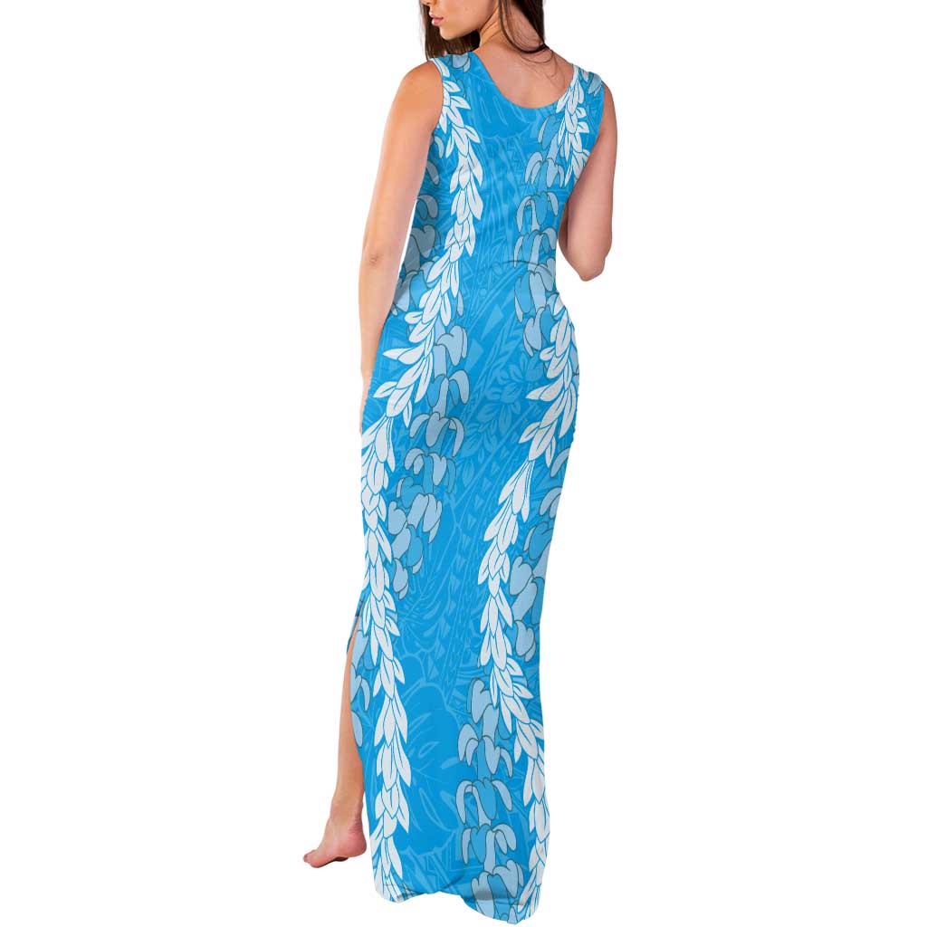 Puakenikeni and Maile Lei Tank Maxi Dress Blue Double Strand Lei LT9 - Polynesian Pride