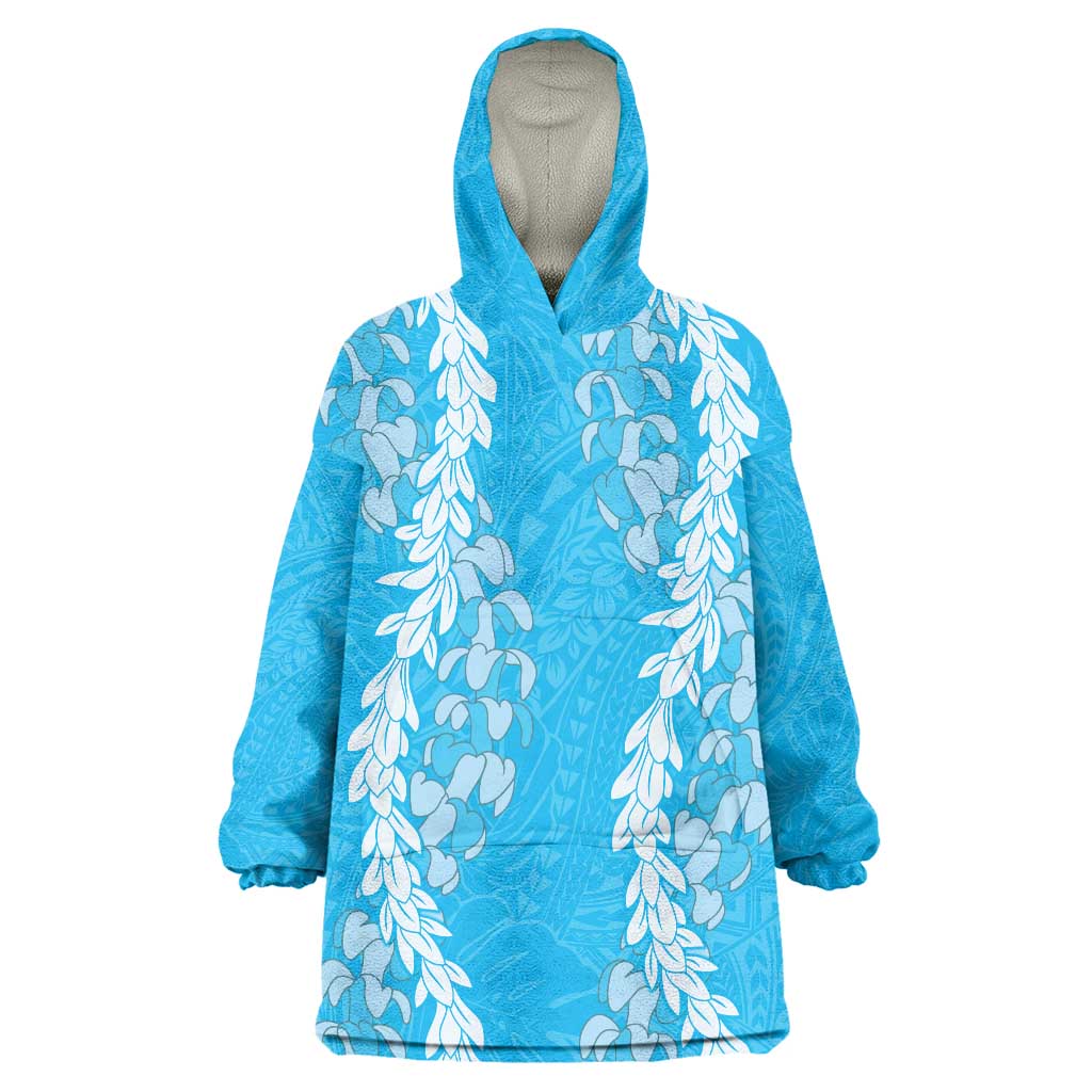 Puakenikeni and Maile Lei Wearable Blanket Hoodie Blue Double Strand Lei