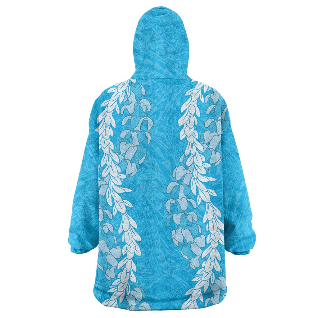 Puakenikeni and Maile Lei Wearable Blanket Hoodie Blue Double Strand Lei
