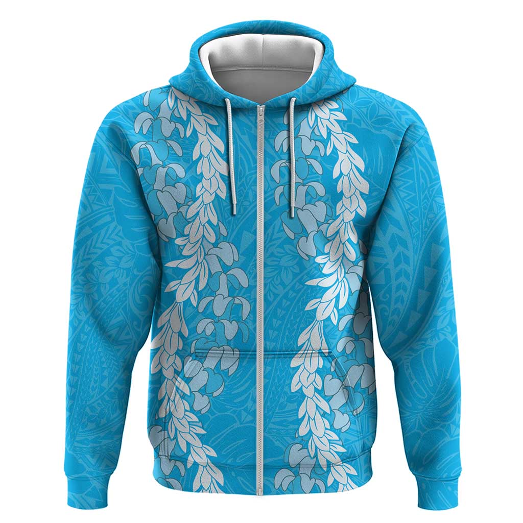 Puakenikeni and Maile Lei Zip Hoodie Blue Double Strand Lei