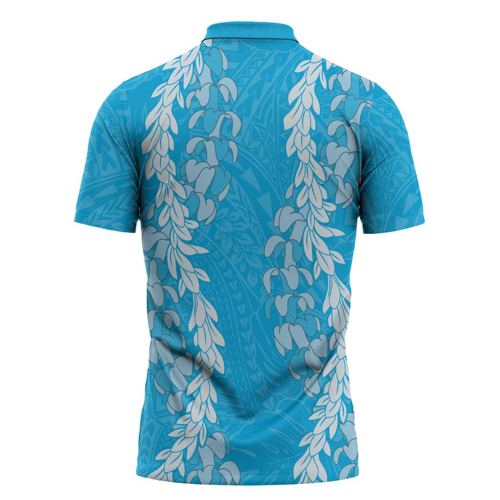 Puakenikeni and Maile Lei Zipper Polo Shirt Blue Double Strand Lei LT9 - Polynesian Pride