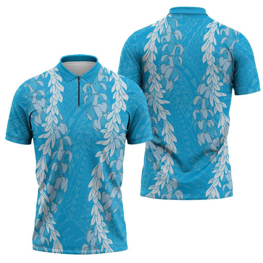 Puakenikeni and Maile Lei Zipper Polo Shirt Blue Double Strand Lei LT9 - Polynesian Pride