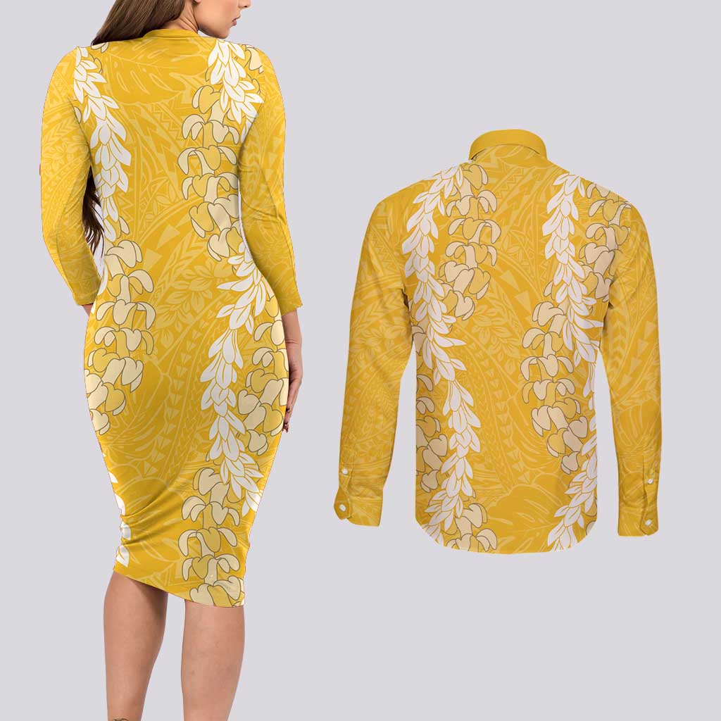 Puakenikeni and Maile Lei Couples Matching Long Sleeve Bodycon Dress and Long Sleeve Button Shirt Gold Double Strand Lei
