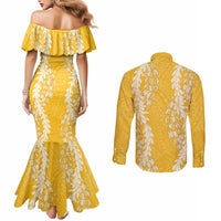 Puakenikeni and Maile Lei Couples Matching Mermaid Dress and Long Sleeve Button Shirt Gold Double Strand Lei