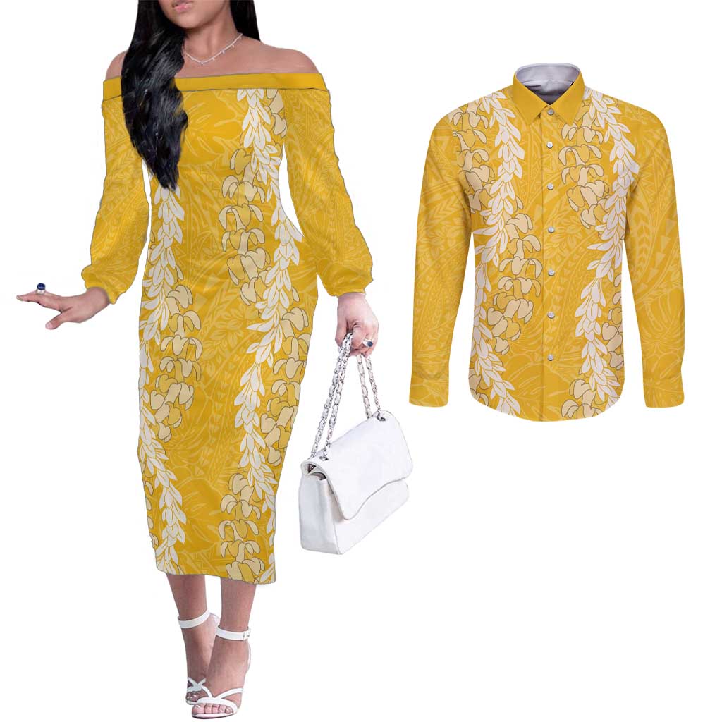 Puakenikeni and Maile Lei Couples Matching Off The Shoulder Long Sleeve Dress and Long Sleeve Button Shirt Gold Double Strand Lei