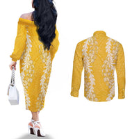 Puakenikeni and Maile Lei Couples Matching Off The Shoulder Long Sleeve Dress and Long Sleeve Button Shirt Gold Double Strand Lei
