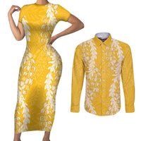 Puakenikeni and Maile Lei Couples Matching Short Sleeve Bodycon Dress and Long Sleeve Button Shirt Gold Double Strand Lei