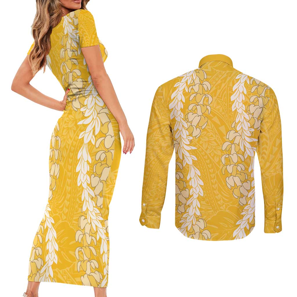 Puakenikeni and Maile Lei Couples Matching Short Sleeve Bodycon Dress and Long Sleeve Button Shirt Gold Double Strand Lei