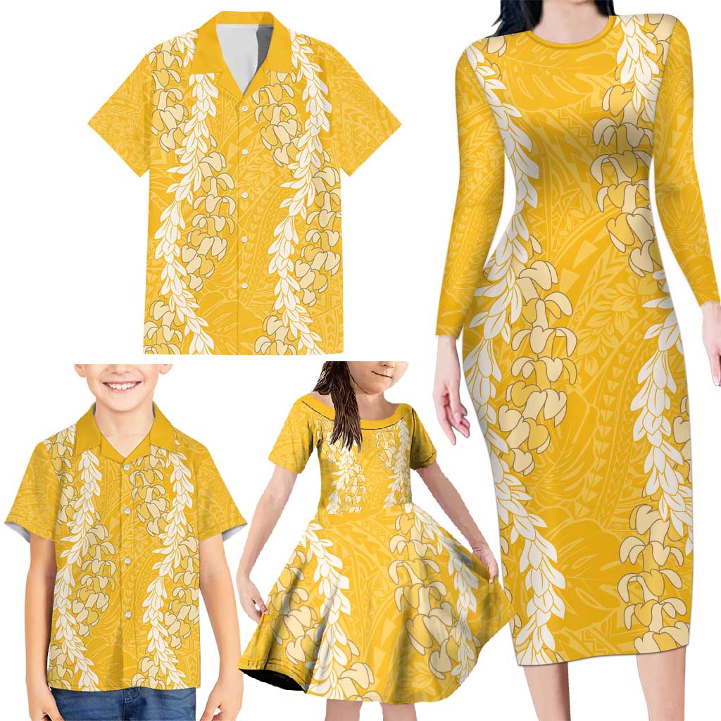 Puakenikeni and Maile Lei Family Matching Long Sleeve Bodycon Dress and Hawaiian Shirt Gold Double Strand Lei