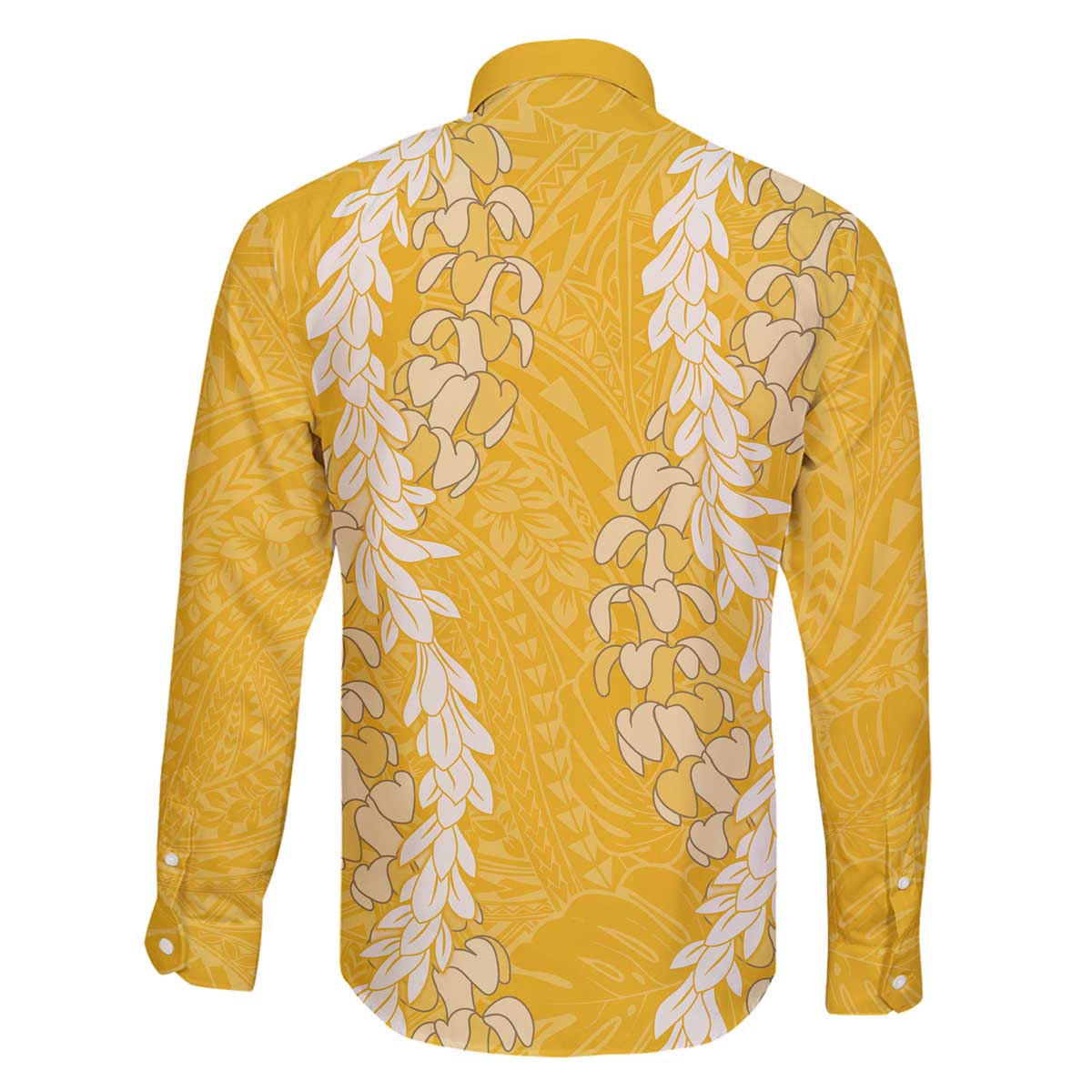 Puakenikeni and Maile Lei Family Matching Off The Shoulder Long Sleeve Dress and Hawaiian Shirt Gold Double Strand Lei