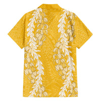 Puakenikeni and Maile Lei Family Matching Off Shoulder Maxi Dress and Hawaiian Shirt Gold Double Strand Lei