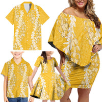 Puakenikeni and Maile Lei Family Matching Off Shoulder Short Dress and Hawaiian Shirt Gold Double Strand Lei